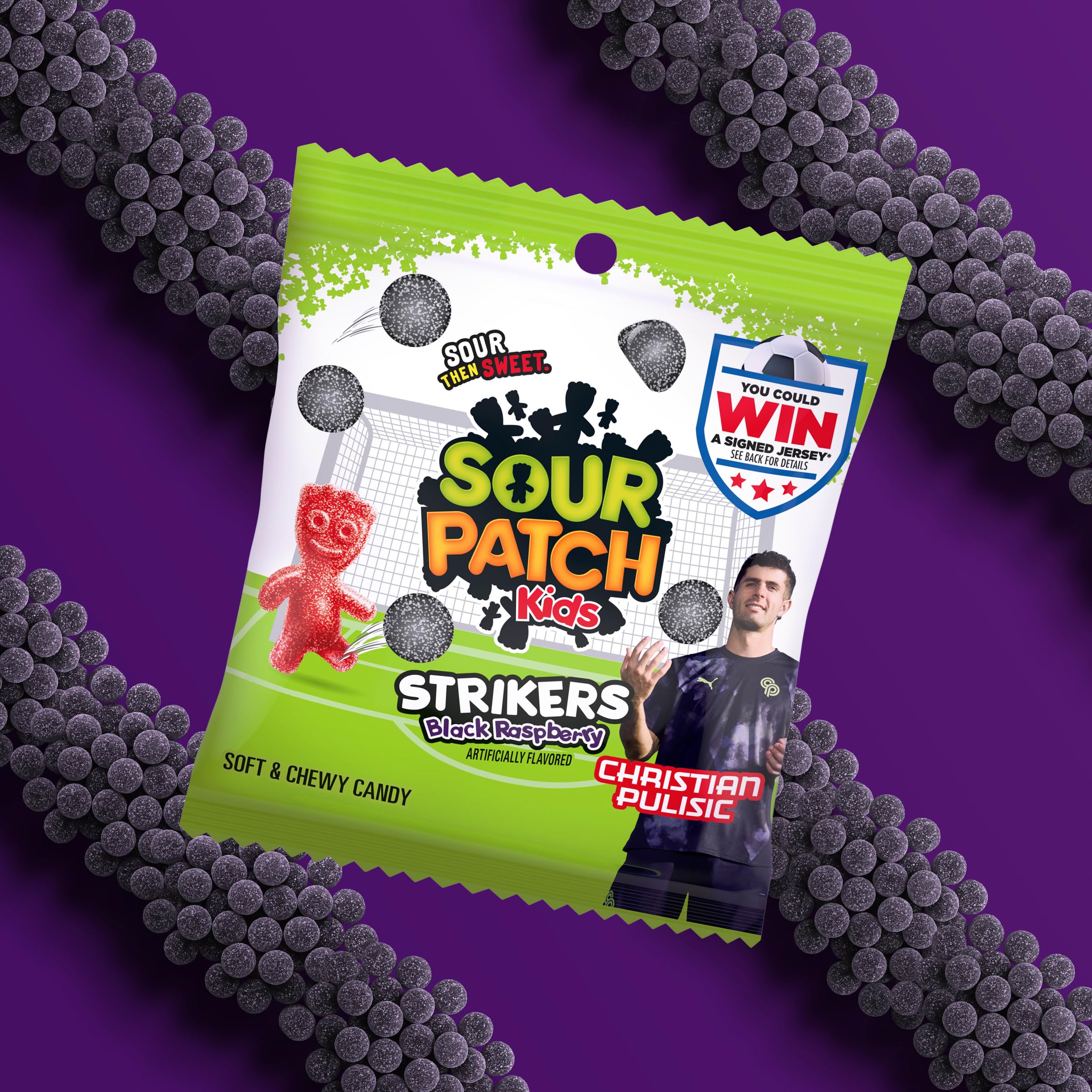 SOUR PATCH KIDS Strikers Black Raspberry Soft & Chewy Gummy Candy, 3.17 oz - Image 8